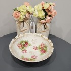 Porcelain Serving Bowl Pink Floral Design Gold Trim Decorative Round Glossy