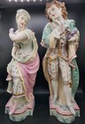 Lg  Rare Antique Pair Of European Bisque Porcelain Figurines 18 x7  Masquerade 