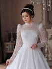 Luxury A-line Pearls Wedding Dresses High Neck Beaded Long Sleeve Bridal Gowns