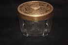 Vintage Art Deco Glass Vanity Powder Trinket Jar Gold Lid Floral Embossed