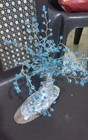 Handmade Wire Tree Of Life Sculpture Blue Crystal Beads Wooden Base Home Decor