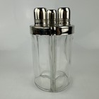 Vintage 3 Container Glass Flask Set In Genuine Leather Carrier Chrome England