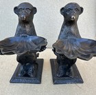Vintage  cast Iron Monkey Holding Shell Statue Figurine  7  Tall