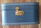 Vintage Vacationer Blue Train Case Cosmetic Luggage Travel Vanity Box Hard Shell