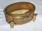 Vtg Oval Gold Tone Ormolu Jewelry Casket Trinket Box Cherub Angels Bevel Glass
