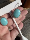 Sterling Silver Oval Turquoise Bezel Set Hook Dangle drop Earrings Signed