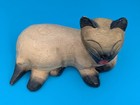 Vintage Large Hand Carved Laying Siamese Cat Yawning 