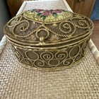 Ornate Gold Filigree Vanity Box With Rose Floral Design  Oval Shape  Vintage