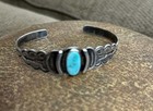 Vintage Native American Silver Cuff Bracelet W  Oval Blue Turquoise  Bezel Set