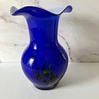 Cobalt Blue Heavy Art Glass Vase Ruffled Edge White Interior Handblown Colorful
