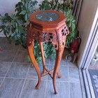 Vintage Hand Carved Rosewood Plant Stand With Marble Top