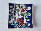Turkish Folk Art  Kutahya Turkiye Snack Plate  5  Sq  Bowed Shape  Signed Hg