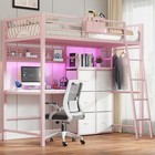 Pink Twin Loft Bed With Desk  6 Storage Drawers  Charging Station   Led Lights