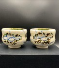 2 Vtg Japanese Hand Painted Pottery Tea Or Sake Cups Blue   Brown Floral   Green