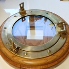 Vintage Brass Ship Window Porthole Mounted On Wood Nautical Maritime Wall Art 