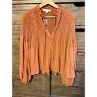 Hyfve Rust Orange Smocked Babydoll Blouse Long Balloon Sleeve Boho Top Nwot M