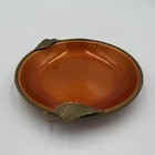 Vintage Mid Century Evans Enamel   Brass Bowl Orange Speckled Leaf Handles 8   