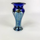 Steven Correia Vintage 1979 Cobalt Blue Pulled Feather Art Glass Vase 6  
