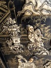 Antique Asian Chinese Hand Carved  Painted Black Lacquer Art Relief Panel  read