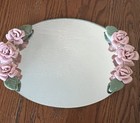 Vintage Mirror Vanity Dresser Tray Oval Porcelain Pink Rose Flowers 14x8 5   