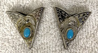 2 Western Engraved Raised Design Faux Turquoise Silver Tone Shirt Collar Tips