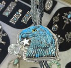 Extra Large Turquoise Carved Eagle Head Sterling Silver Navajo Bolo Tie
