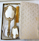 Vintage 3 Piece Dresser Vanity Set Mirror Brush Comb Floral 24k Gold Finish Read