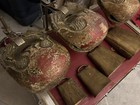 Antique Trap Table Leedy W  Temple Blocks Gold Cowbells Clamps Mounts Lot