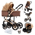 Khaki 3 In 1 Baby Stroller Lightweight Stroller With Basket Car Seat Foldable