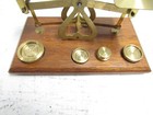 Antique Made In England Brass Postal Scale With Weights Wood Bottom