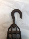 Vintage Cast Iron Metal Triple Pulley Block   Tackle Hook - 1 2  Wide Pulleys