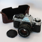 Canon Ae-1 Program 35mm Film Camera   Fd 50mm F 1 8 Lens   Leather Case   Tested