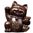 Arts And Crafts Ebony Wood Carved Maneki Neko Statue Lucky Cat Feng Shui Decor