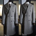 Black White Men s Long Overcoat Houndstooth Double Breasted Business Coat Jacket