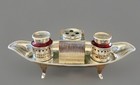 English Silver Plate Inkwell Inkstand Antique Victorian W  Ruby Glass