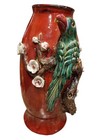 Majolica Art Pottery Bird Vase Flowers Hand Painted Parrot Rare  16 