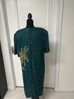 Vintage Laurence Kazar Silk Beaded Midi Dress Teal Gold Evening Party Size L Xl