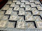 78  X79 Vtg Hand Embroidery Violets Handmade Blue Turquoise Patchwork Quilt Good