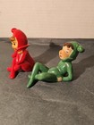 Vintage Set Of 2 Elves Japan Ceramic Red Green Christmas Pixie Mcm Holiday Read 