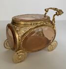Vintage-filigree-gold Ormolu-beveled Amber Glass-carriage-cart-jewelry Casket