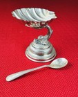Vtg Dolphin Koi Fish Shell Pedestal Salt Cellar   Sterling Silver Salt Spoon 3   