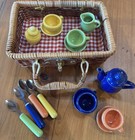 Complete 17 Pc Mini Ceramic Doll Tea Set Wicker Picnic Basket Colorful No Chips