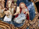 Vintage Nativity Scene Glazed Ceramic Pottery Candle Holder Ornate Gilded Arch