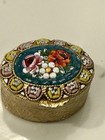 Sweet Vintage Micro Mosaic Floral Design Oval Brass Trinket pill Box Italy
