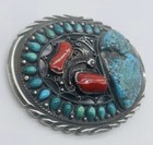 Beautiful Vintage Navajo Hallmark Gc Belt Buckle Sterling Silver Turquoise Coral