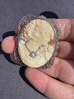 14k Rare White Gold   Diamond Shell Cameo Filigree Frame Pin pendant 
