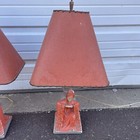 Pair Of Vintage Mid Century Modern Chalkware Lamps Oriental Motif Pink Shades