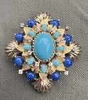 Vintage Jomaz Faux Turquoise Cabochon Lapis Rhinestone Brooch Or Pendant Pin