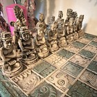 Maya Themed Sculpted Chess Set Resin Pieces W  Carved Board Green Beige