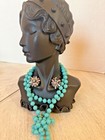 Chinese Carved Turquoise Shou Bead Necklace Floral Earrings Hong Kong Vtg Read